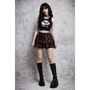 Tripp NYC Red Blk Plaid Mini Skirt Punk Goth Chain Studded Pleated Skirt Size S